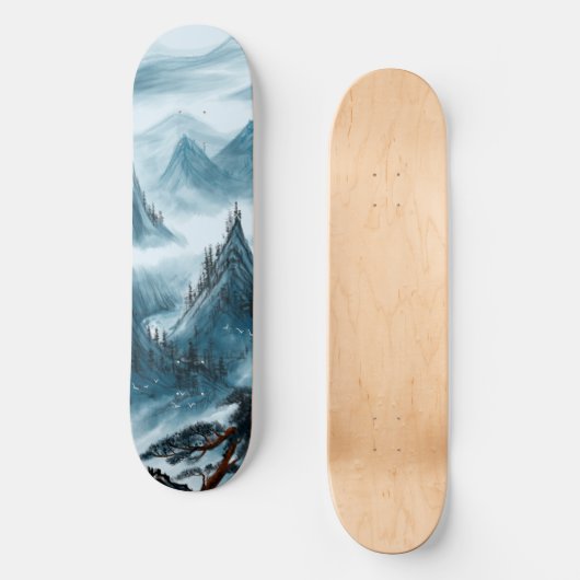 Blue Wavy Mountains Landschap Skateboard (Voorkant)