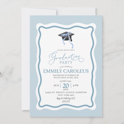 Blue Wavy Retro Afstuderen met foto-uitnodiging Kaart (Achterkant)