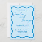 Blue Wavy Retro bruiloft foto uitnodiging (Voorkant)