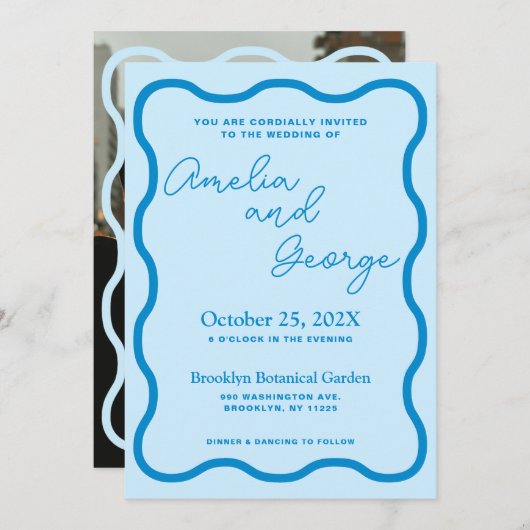 Blue Wavy Retro bruiloft foto uitnodiging (Voorkant / Achterkant)