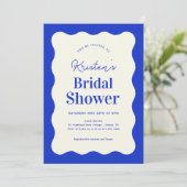 Blue Wavy Retro French Bridal Shower Invitation Kaart (Staand voorkant)