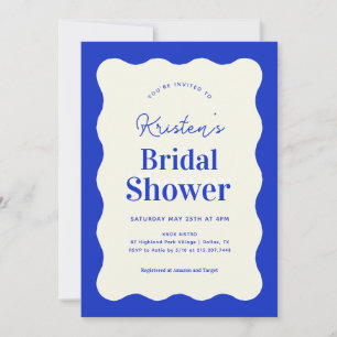 Blue Wavy Retro French Bridal Shower Invitation Kaart