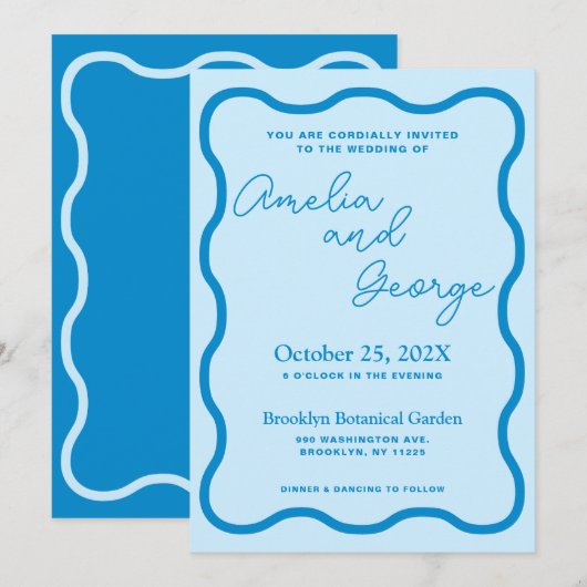 Blue Wavy Retro Huwelijksuitnodiging Kaart (Voorkant / Achterkant)