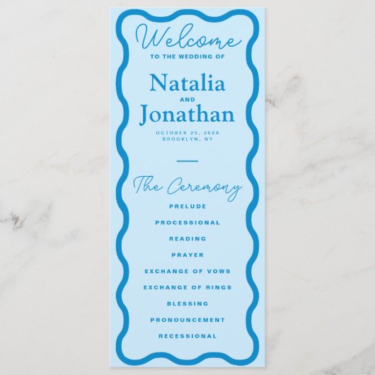 Blue Wavy Retro Wedding Programmakaart (Voorkant)