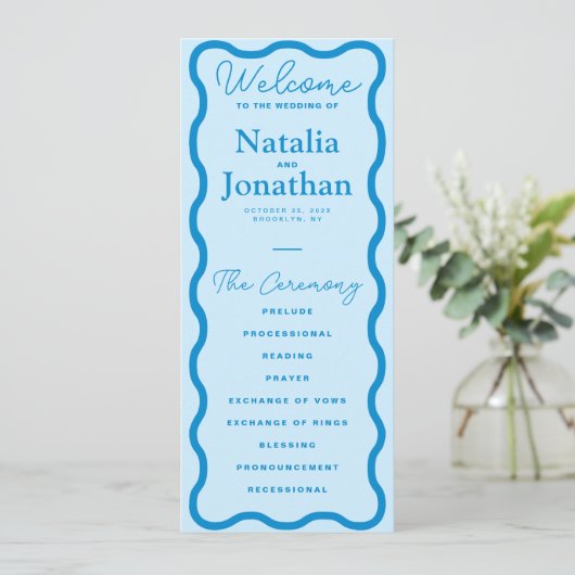 Blue Wavy Retro Wedding Programmakaart (Staand voorkant)