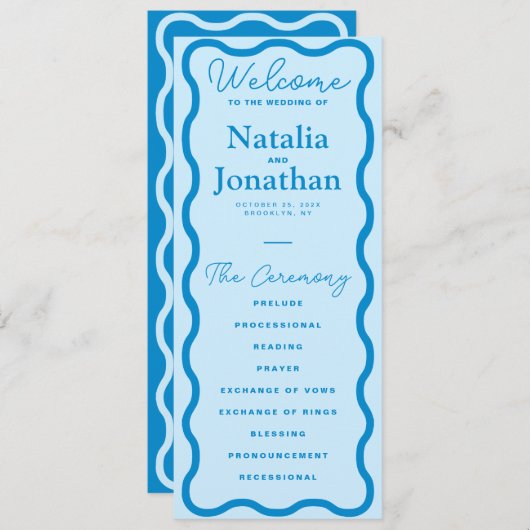 Blue Wavy Retro Wedding Programmakaart (Voorkant / Achterkant)