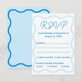 Blue Wavy Retro Wedding RSVP Kaartje (Voorkant / Achterkant)