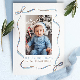 Blue Wavy Ribbon Bow Lijst Kerstfoto Feestdagenkaart