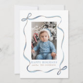 Blue Wavy Ribbon Bow Lijst Kerstfoto Feestdagenkaart (Voorkant)