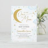 Blue We Are Over The Moon Baby shower Kaart (Staand voorkant)