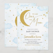 Blue We Are Over The Moon Baby shower Kaart (Voorkant / Achterkant)