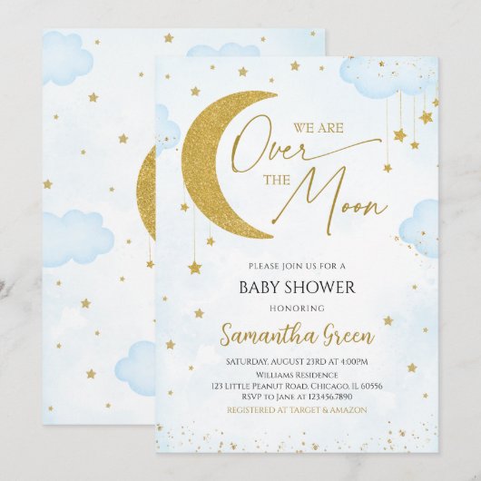 Blue We Are Over The Moon Baby shower Kaart (Voorkant / Achterkant)
