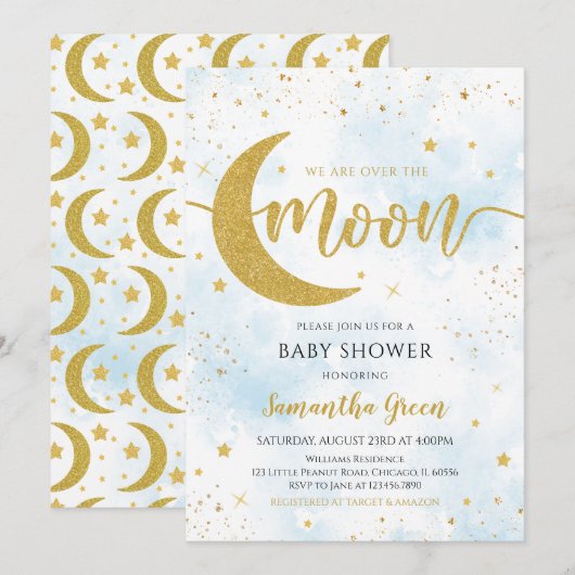 Blue We Are Over The Moon Baby shower Kaart (Voorkant / Achterkant)