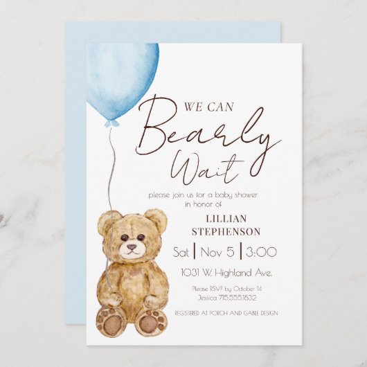 Blue We Can Bearly Wait Boy Baby Shower Kaart (Voorkant / Achterkant)