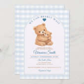 Blue We can bearly wait Mama Bear Baby Shower Kaart (Voorkant / Achterkant)