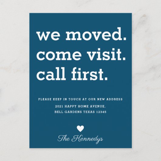 Blue We Moved Come Visit Call Eerste Typografie Aankondigingskaart (Voorkant)
