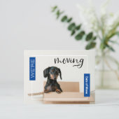 Blue We verplaatsen Dachshund Dog in Box Briefkaar Briefkaart (Staand voorkant)