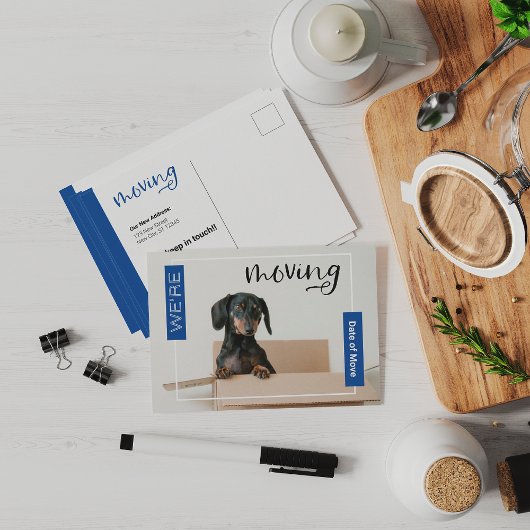 Blue We verplaatsen Dachshund Dog in Box Briefkaar Briefkaart
