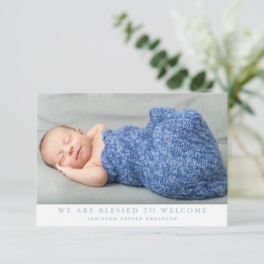 Blue we zijn zonder foto Collage Baby Boy Birth Aankondiging (Staand voorkant)