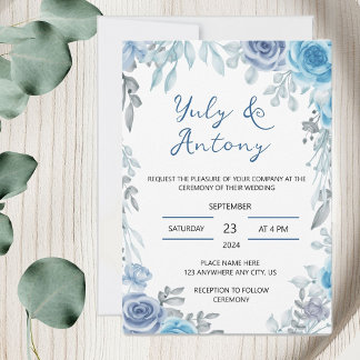 Blue wedding Invitación para boda azul floral Kaart