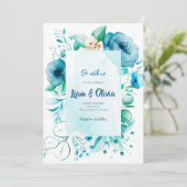 Blue Wedding Invitation Kaart van Waterverf Floral (Staand voorkant)