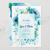 Blue Wedding Invitation Kaart van Waterverf Floral (Voorkant / Achterkant)