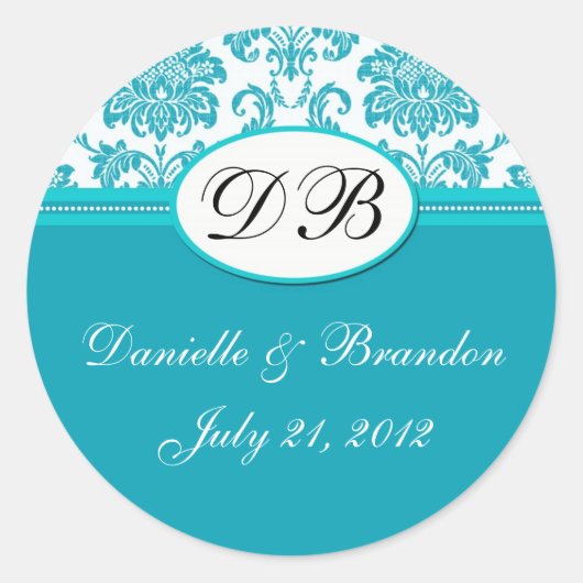 Blue Wedding Monogram Damask Seal Ronde Sticker (Voorkant)