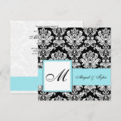 Blue Wedding Monogram Damask Uitnodiging (Voorkant / Achterkant)