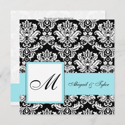 Blue Wedding Monogram Damask Uitnodiging (Voorkant / Achterkant)