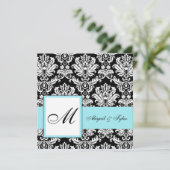 Blue Wedding Monogram Damask Uitnodiging (Staand voorkant)