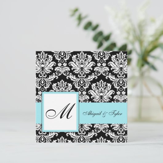 Blue Wedding Monogram Damask Uitnodiging (Staand voorkant)