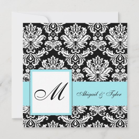 Blue Wedding Monogram Damask Uitnodiging (Voorkant)