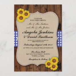 Blue Wedding Rustic Burlap Wood Flower Barn Invite Kaart