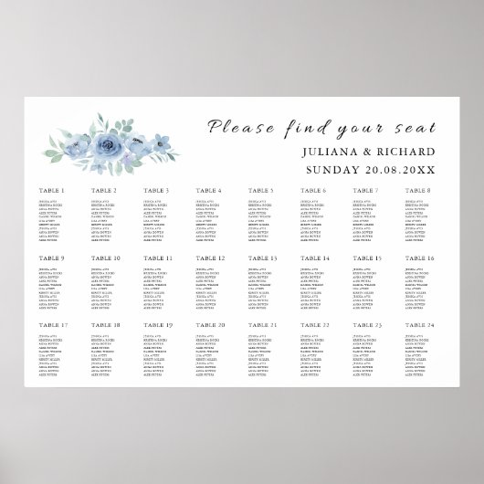 Blue Wedding Seating Chart Sjabloon Poster (Voorkant)