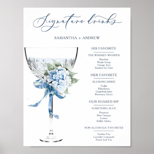 Blue Wedding Signature Drink Menu Poster (Voorkant)