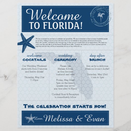 Blue Wedding Starfish Welkomstbrief voor Florida (Voorkant)