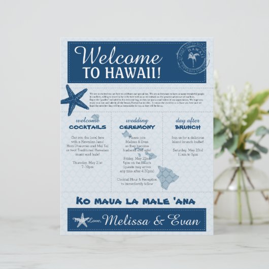 Blue Wedding Starfish Welkomstbrief voor Hawaii (Staand voorkant)
