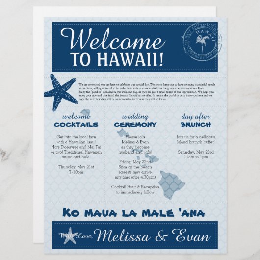 Blue Wedding Starfish Welkomstbrief voor Hawaii (Voorkant / Achterkant)