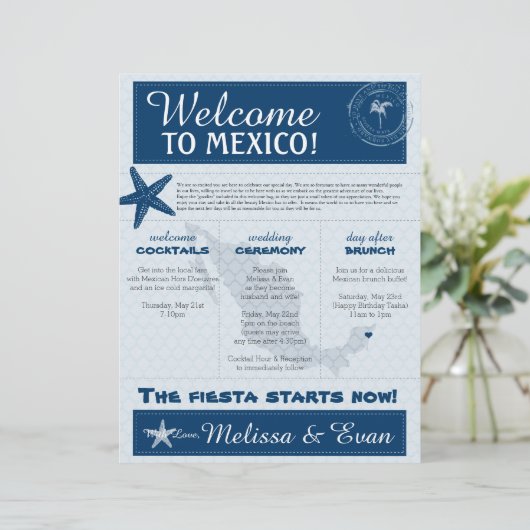 Blue Wedding Starfish Welkomstbrief voor Mexico (Staand voorkant)