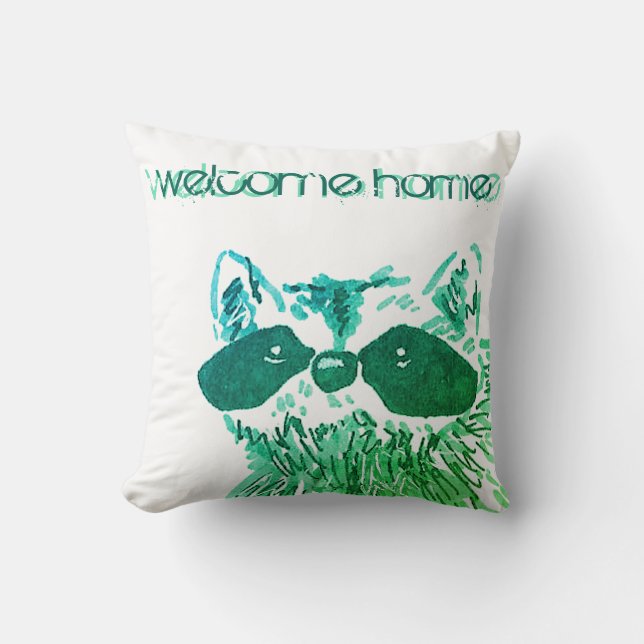 Blue Welcome Home Woodland Animal Raccoon Kussen (Voorkant)