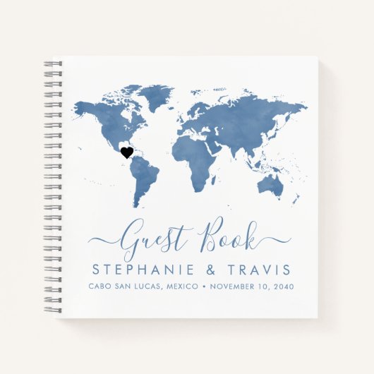 Blue Wereldkaart Heart Destination Guest Book Notitieboek (Voorkant)