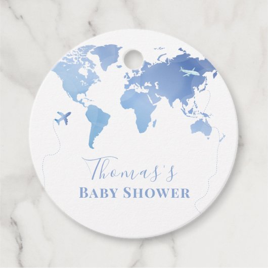 Blue Wereldkaart Travel Adventure Baby shower Bedankjes Labels (Voorkant)
