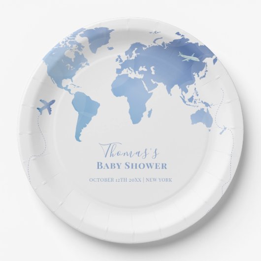 Blue Wereldkaart Travel Adventure Baby shower Papieren Bordje (Voorkant)