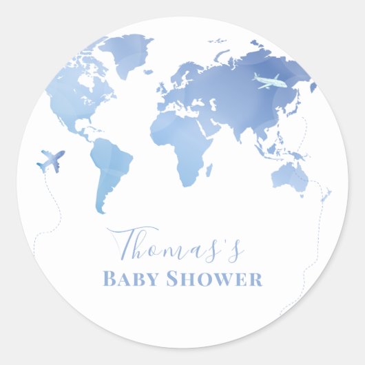 Blue Wereldkaart Travel Adventure Baby shower Ronde Sticker (Voorkant)