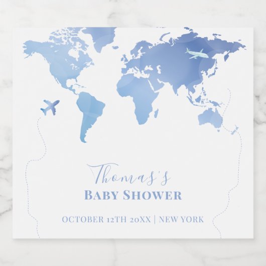 Blue Wereldkaart Travel Adventure Baby shower Sparkling Wijnetiket (Enkel label)