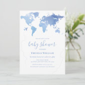 Blue Wereldkaart Travel Adventure Boy Baby shower Kaart (Staand voorkant)