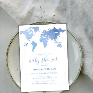 Blue Wereldkaart Travel Adventure Boy Baby shower Kaart
