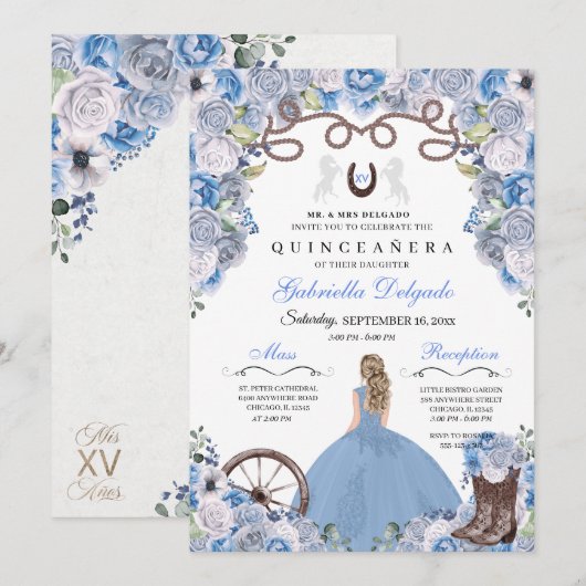 Blue Western Charra Girl Ranchero Quinceanera Kaart (Voorkant / Achterkant)