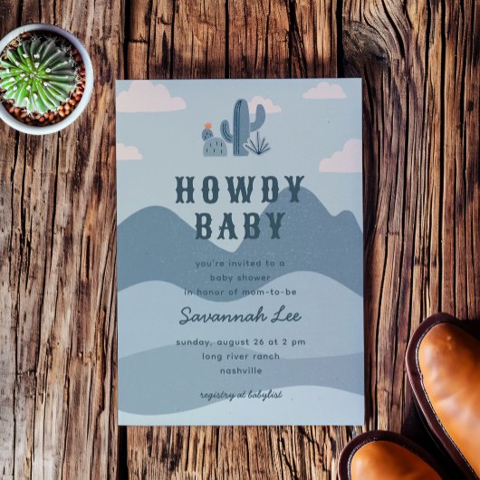 Blue Western Desert Cactus Baby shower Kaart