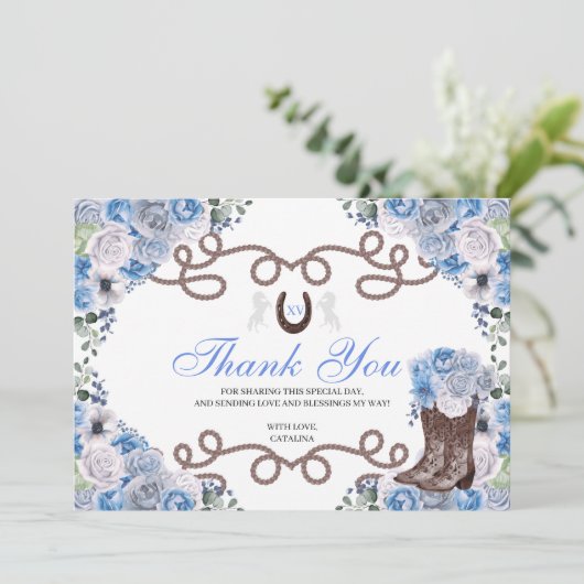 Blue Western Horse Quinceanera Hartelijk dank Bedankkaart (Staand voorkant)